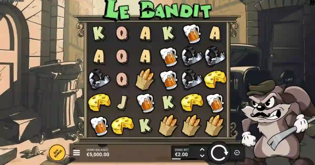 Machine à sous Le Bandit avec rouleaux affichant symboles bière, fromage, baguette et lettres, interface de jeu avec mise et solde visibles