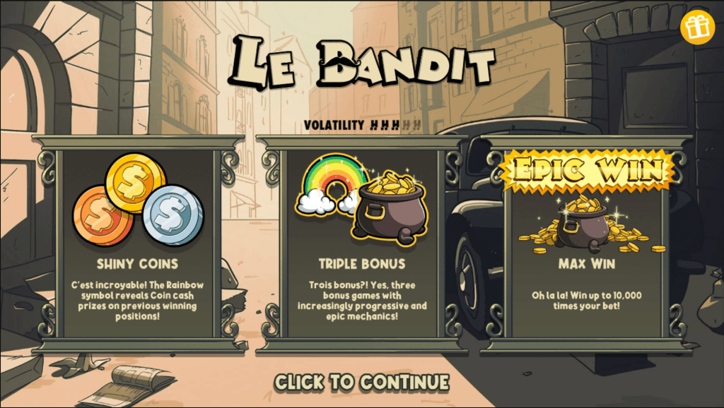 Machine à sous Le Bandit avec bonus pièces brillantes, triple bonus et gain maximum jusqu’à 10 000 fois la mise